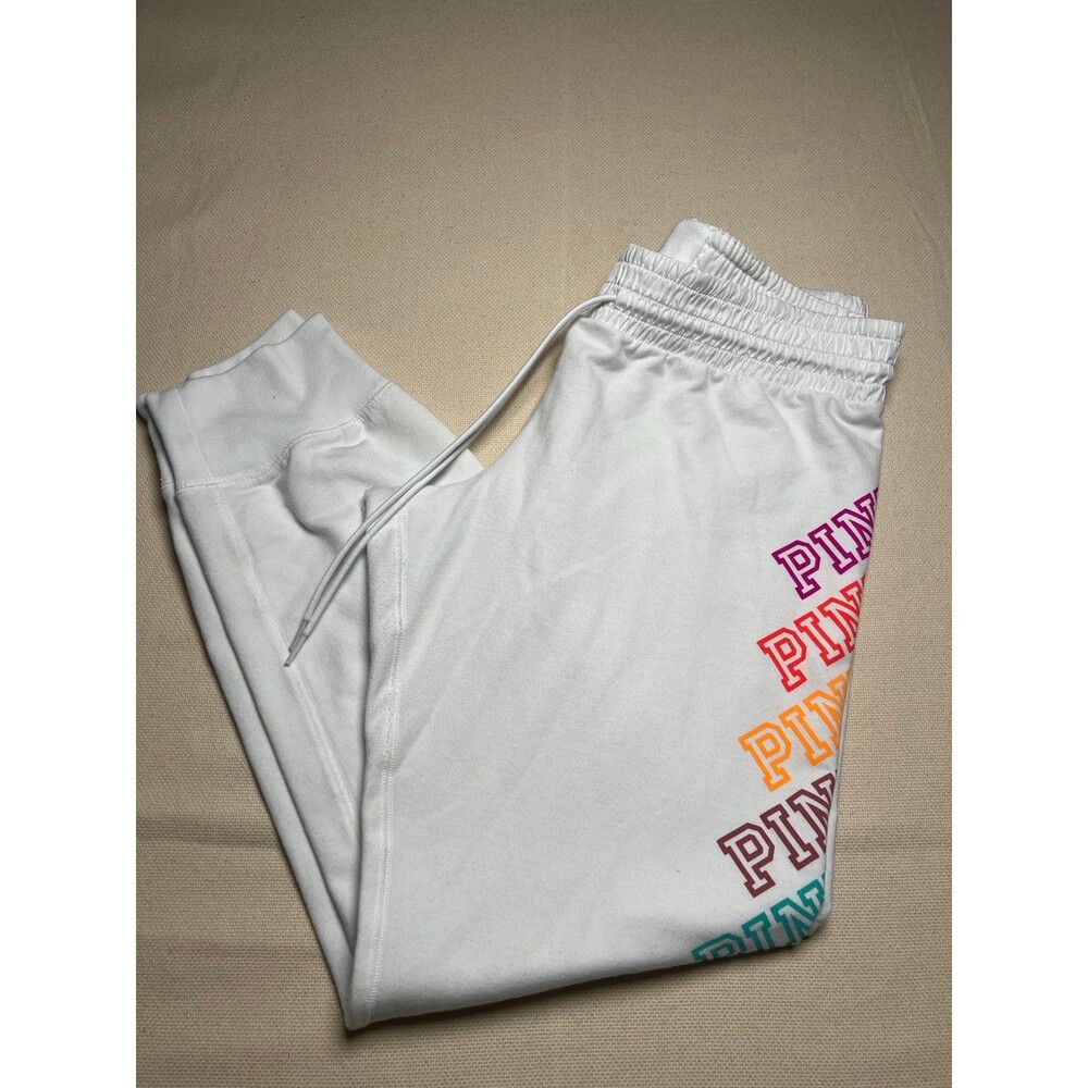 Victoria's Secret PINK White Everyday Lounge Casual Jogger Rainbow Logo Size M